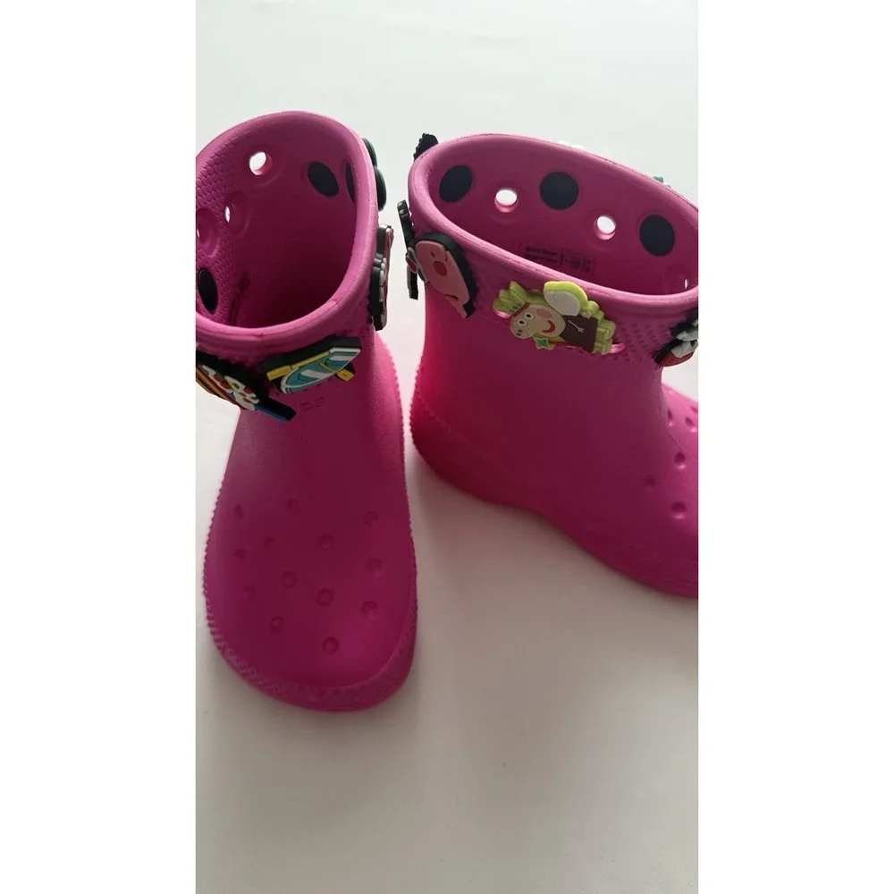 Pink Crocs Rain With Various Jibbitz Charms On The Collar Toddler Size C6 GUC